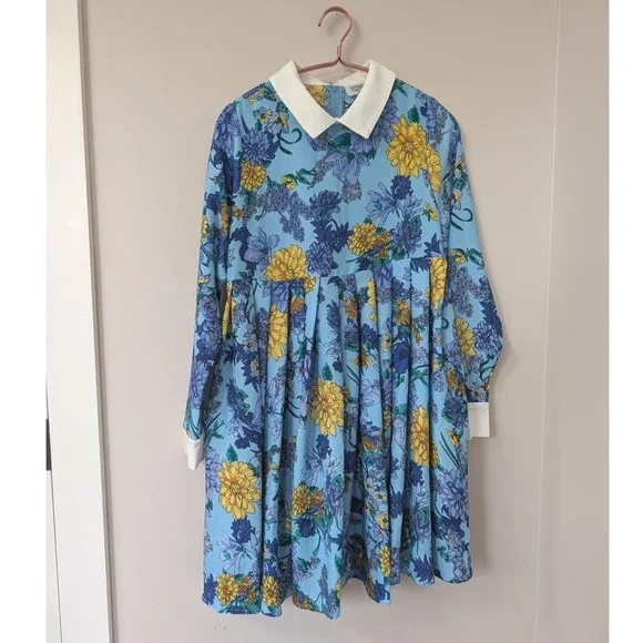 Unique Vintage Light Blue Floral Peter Pan Collar Mod Babydoll Dress 60s Small - Picture 7 of 14